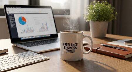 Freelance work setup coffee mug business owner Laptop working.の素材