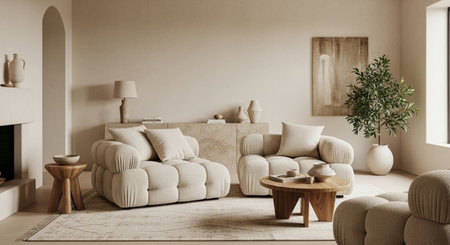 Interior design Warm tones  living room elegant space plush chairsの素材