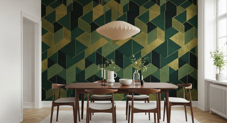 Modern dining room Geometric wallpaper Dining table Chairs Interiorの素材