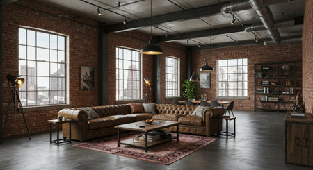 Industrial loft design. Leather sofa with exposed brick walls.の素材