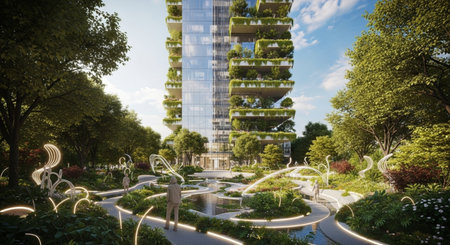 Modern building green balconies and lush gardens urban park.の素材