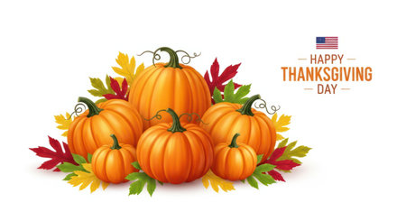 Happy thanksgiving day with pumpkins. Fall leaves decoration for autumn season background theme.の素材