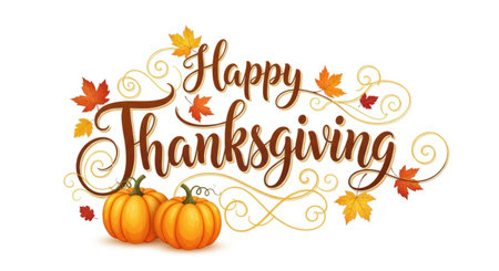 Thanksgiving greeting with pumpkins fall leaves and swirls isolated on white.の素材