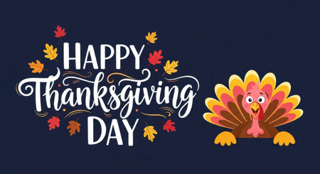 Happy thanksgiving day greeting with turkey fall leaves and decoration.の素材