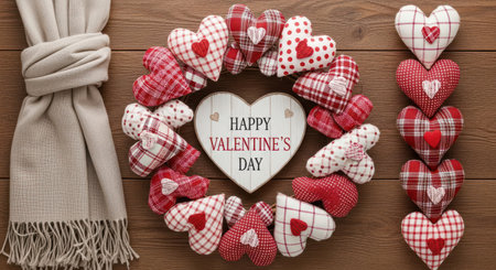 Red and white plush hearts arranged on wooden background with scarf.の素材