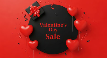 Sale advertisement with black present. Hearts around on red surface and background for sale templateの素材