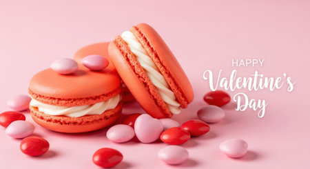 Sweet food scene showing colored macarons and candies scattered on pink background.の素材