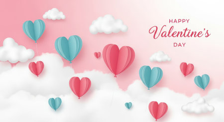 Celebration of loving day with hearts balloons in the pink sky with floating clouds. Greeting card concept.の素材