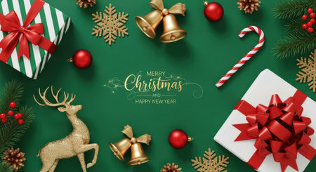 Merry and happy new year with gifts and ornament decoration on green backgroundの素材