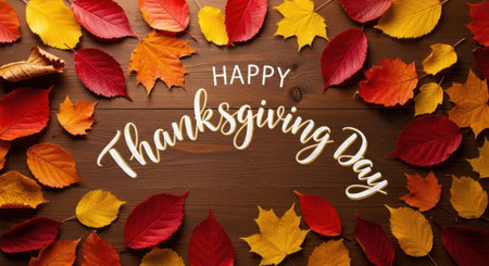 Happy thanksgiving day with fall leaves. Autumn decoration on brown background for celebration season theme.の素材