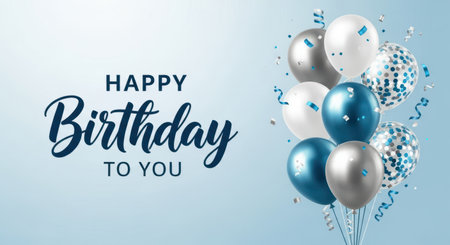 Happy birthday to you with balloons. Blue, silver, white balloons and confetti, birthday decorationの素材