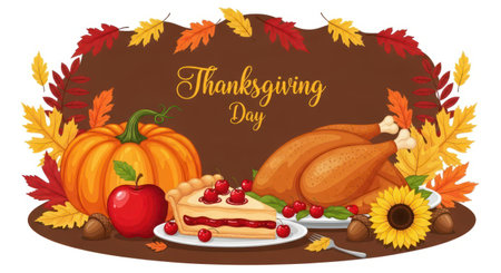 Thanksgiving is about turkey pumpkin and a piece of pie. Autumn leaves complete holiday background.の素材