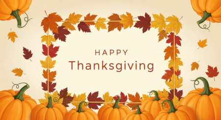 Happy thanksgiving pumpkins frame with autumn leaves decoration on gradient beige background.の素材