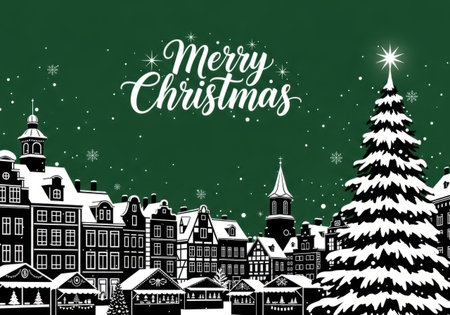 Festive scenery with snow. Town scenery in winter season with christmas tree design.の素材