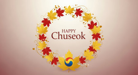 Happy chuseok with autumn leaves decoration background for korean seasonal celebration. Great for greeting.の素材