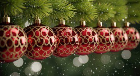 Festive ornaments hanging in row decorate holiday season winter background effect snowの素材