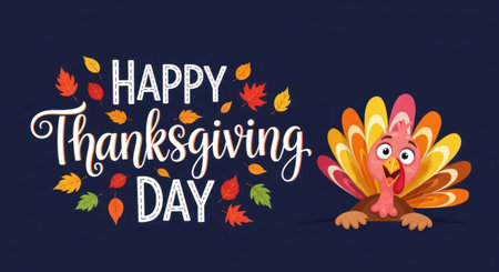 Happy thanksgiving banner with turkey illustration. Festive autumn scene on blue backdropの素材