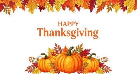 Happy thanksgiving graphic with pumpkins and fall leaves decoration design banner.の素材