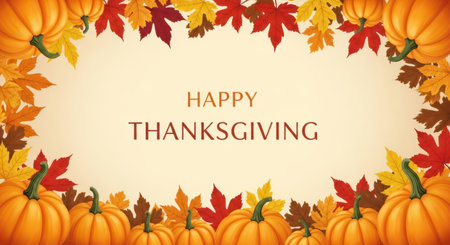 Happy thanksgiving with pumpkins and fall leaves. Autumn decoration background for season celebration.の素材