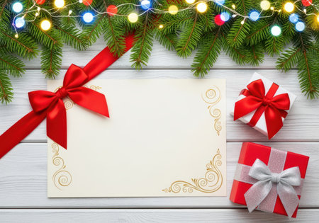 Christmas background with gift boxes and decorative fir branches on wooden background for holiday.の素材