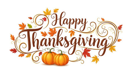 Happy thanksgiving text with pumpkin and fall leaves decoration. Autumn holiday backgroundの素材