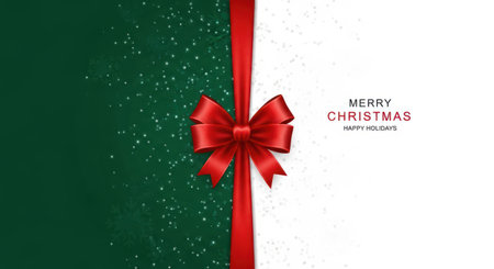 Decorative ribbon festooned on green and white background holiday celebrate cardの素材