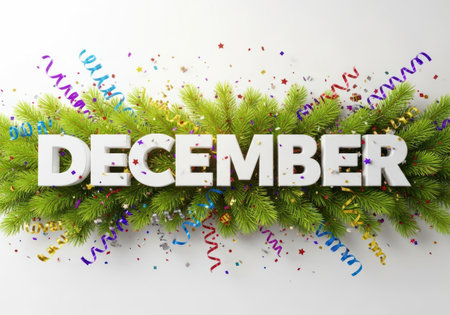 December time is decorated with green fir branches. Confetti of many colors is beautiful addition.の素材