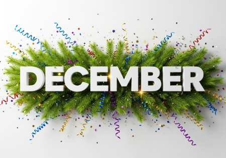 December text with evergreen branches and colorful confetti holiday decoration background.の素材