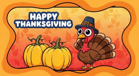 Happy thanksgiving cartoon turkey with pumpkins. Orange frame background holiday season celebration.の素材