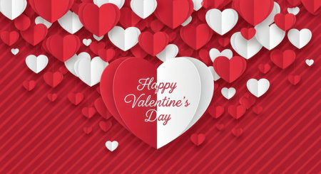 Congratulatory message on paper hearts cut background with striped backdrop.の素材