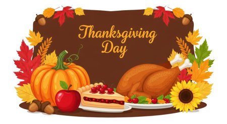Thanksgiving day graphic with turkey pumpkin pie leaves and acorns illustration design.の素材