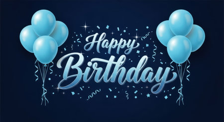 Happy birthday wishes with balloons. Blue balloons and falling confetti, birthday celebration cardの素材