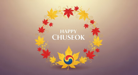 Happy Thanksgiving greeting card with maple leaves and round frame. Vector illustration.の素材