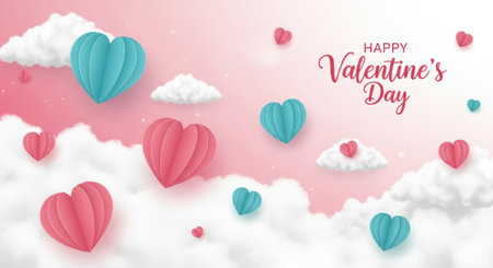 Valentine's day background with paper art origami hearts and clouds. Vector illustration.の素材