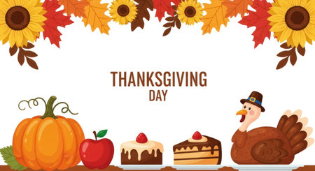 Thanksgiving day background with turkey, pumpkin and autumn leaves. Vector illustration.の素材