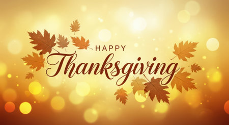 Happy thanksgiving lettering on bokeh background. Vector illustration.の素材