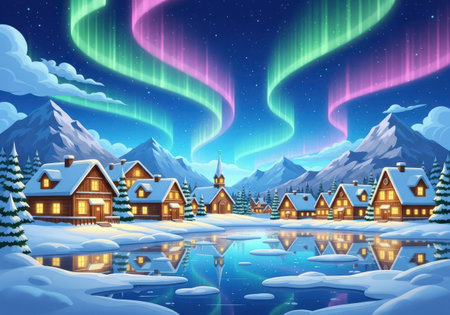 Winter night with aurora borealis over the village. vector illustrationの素材
