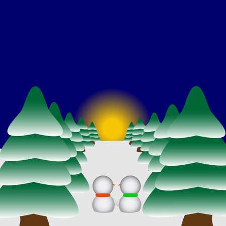 Two snowmen in love watching the sunsetのイラスト素材