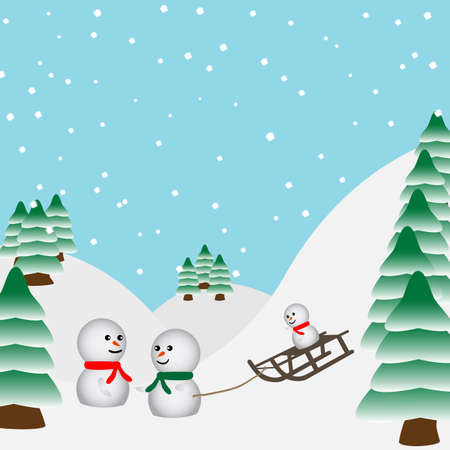 Snowmen  playing in the forest with a sledのイラスト素材