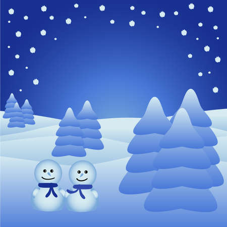 Silent night with snow friends and christmastreesのイラスト素材