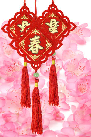 Traditional Chinese New Year ornaments on plum blossom backgroundの写真素材