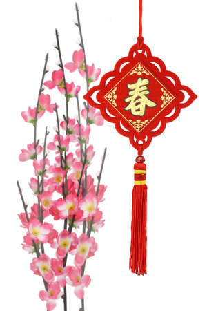 Chinese new year traditional ornaments and plum blossom on white backgroundの写真素材