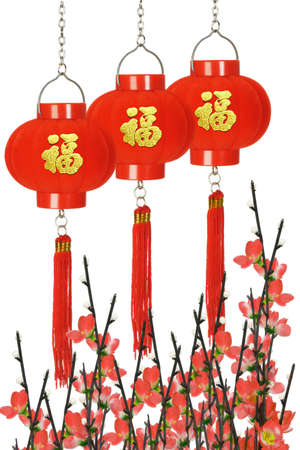 Chinese prosperity lanterns and plum blossom on white backgroundの写真素材