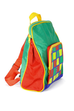 Colorful preschooler backpack standing on white backgroundの写真素材