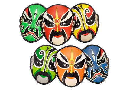 Colorful Chinese traditional opera masks arranged on white backgroundの写真素材