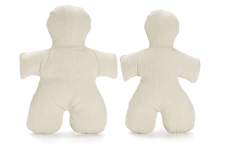 pair of soft stuffed dummy dolls on white backgroundの写真素材