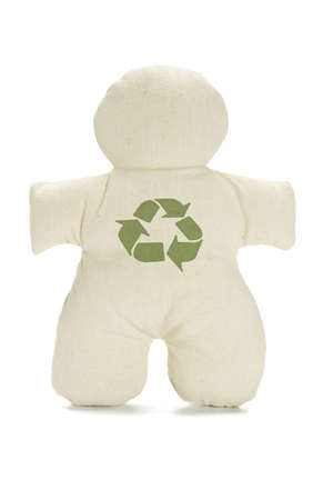 Faceless dummy soft doll with recycle symbol on white backgroundの写真素材