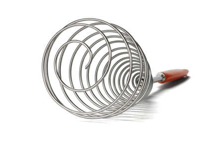Close up of stainless steel whisk on white  backgroundの写真素材