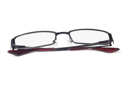 Fashionable metal frame eyeglasses on white backgroundの写真素材