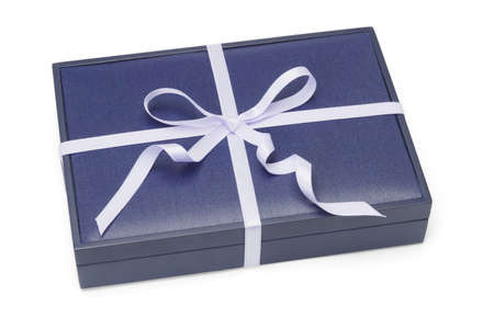Blue gift box with ribbon on white backgroundの写真素材